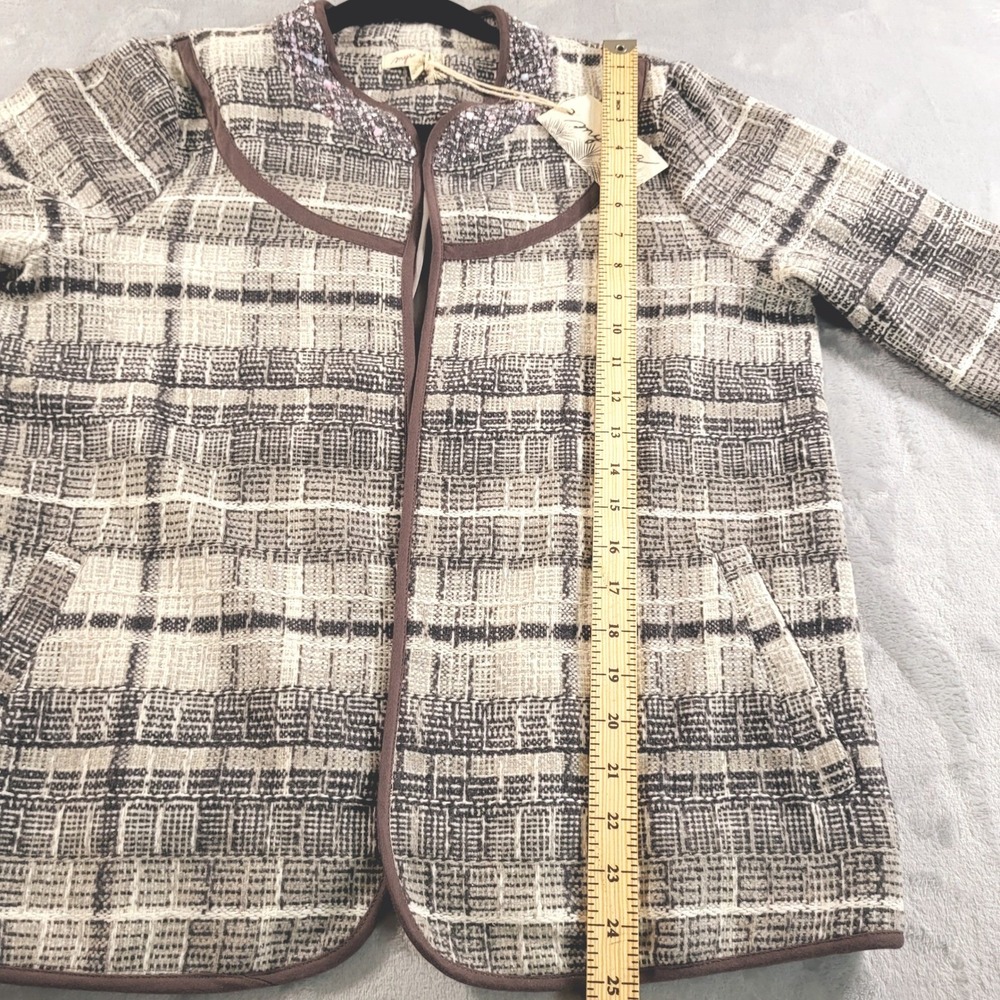 Mystree Womens L 12 NWT Artsy Plaid Tencel Linen Bl. Textured Open Jacket Fall - Picture 6 of 12